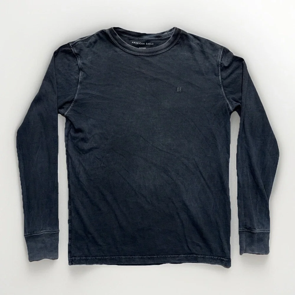 American Eagle Men's Long Sleeve Casual Tee Shirt Acid Wash Grey Logo XS Grunge